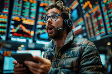 Fototapeta premium A man standing in front of a large screen in a trading room, with a headset and a microphone in his ears, holding a tablet and pointing at the screen, with his eyes wide open and a excited expression 