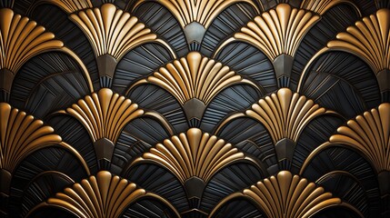 A close-up view of an elegant art deco pattern featuring stylized fan shapes in gold and black. The design showcases intricate details and a luxurious aesthetic.
