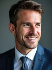 A professionally dressed man in a suit and tie is captured smiling while gazing to the side. His confidence and cheerfulness highlight a confident demeanor in a professional environment.