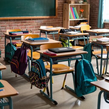 Discover the Ideal Classroom Setup: Desks, Chairs, and Blackboard Essentials, Explore a Well-Organized Classroom with Student Bags, Desks, and More, Transform Your Learning Space: The Perfect Empty Cl