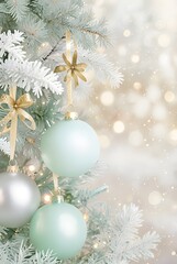 Pastel colored New Year background with Christmas balls and fir branches with golden bokeh. Phone background
