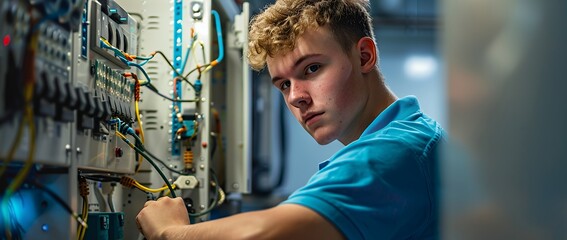 A young electrician works on a complex electrical panel, wearing a blue shirt and looking intently at the wires.