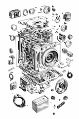 High-Resolution Black and White Line Drawing of Exploded Camera View, Detailed Technical Illustration with Camera Components and Mechanical Assembly Parts