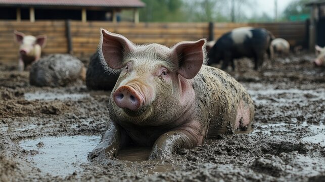 A close-up of a group of pigs enjoying a mud bath in a spacious outdoor pen. The natural setting highlights the contentment of the animals, with no humans around.