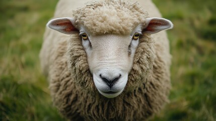 Fototapeta premium A close-up of a sheep's face, focusing on its expressive eyes and thick wool, with the green of the pasture providing a soft, natural backdrop. The scene is quiet and free from human interference.