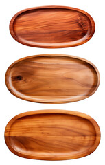 Three elegant wooden serving trays stacked together, showcasing the beauty of natural wood grain and craftsmanship.