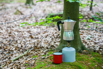 Picnic in the forest. Making coffee on a stump in the middle of a clearing.