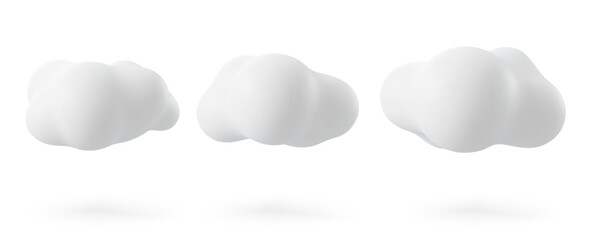 White 3d vector illustration clouds isolated on a white background. Render soft round cartoon fluffy clouds icon in the blue sky.