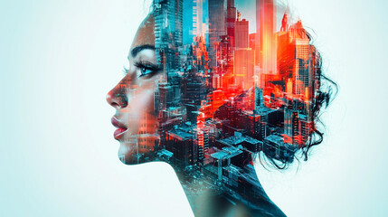 A captivating double exposure image blending the profile of a woman with a vibrant cityscape. The city lights and skyscrapers merge seamlessly with the contours of her face.