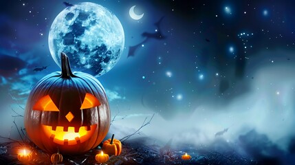 Naklejka premium A jack-o-lantern with a glowing face sits on a foggy forest floor with a full moon in the background.