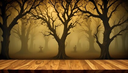 Wooden table mockup with misty background, perfect for Halloween scene mockups, spooky atmosphere