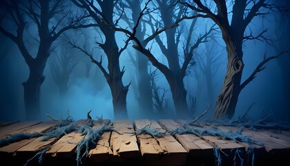 Wooden table mockup with misty forest background, perfect for Halloween scene mockups, spooky atmosphere