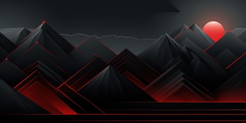 Abstract red and black mountain landscape with a glowing sun.