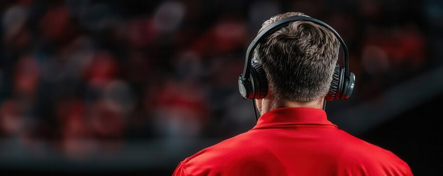 Football coach with a headset reviewing instant replay footage, highlighting key strategic moments, American Football, post-game analysis