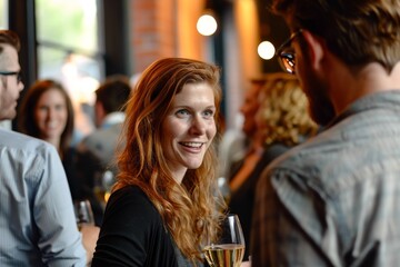 A dynamic image featuring London's best nightlife locations, emphasizing popular bars, clubs, and evening entertainment options, A corporate event with people networking and mingling. AI generated