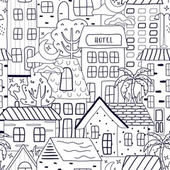A seamless pattern of houses, trees, stars. flat design, cartoon style.  A fashionable hand-drawn illustration. for print, paper, childrens wallpaper. art cute illustration.