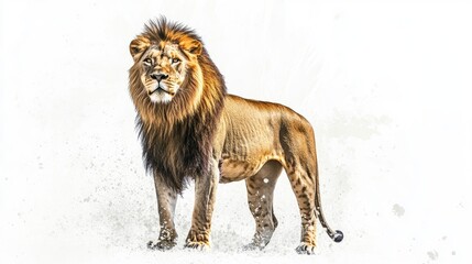 Obraz premium A lion standing majestically against a white background, its head held high with a proud and confident expression, showcasing its regal stance.