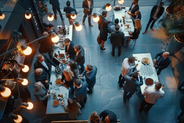 A group of people enjoying drinks and socializing at a lively party atmosphere, A corporate event with people networking and mingling. AI generated