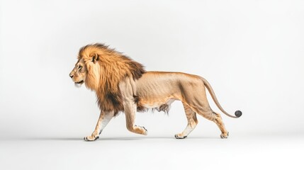 Obraz premium A lion walking gracefully on a white background, its body in motion with a focused and determined expression, highlighting its agility and strength.