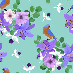 Seamless vector illustration with anemones, lily, orchids and birds on a turquoise background. To decorate textiles, packaging.