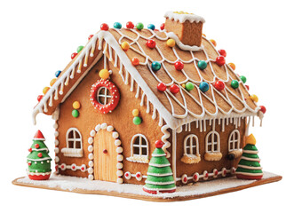 Gingerbread house decorated for the holidays, cut out - stock png.