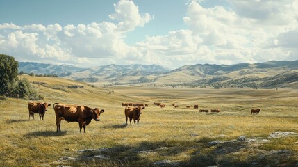 Obraz premium A panoramic view of a sprawling cattle ranch, with cows and calves scattered across the vast landscape. The peacefulness of the scene is emphasized by the absence of people.