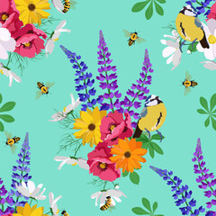 Soft and gentle lupine, poppies, chrysanthemum with bumble bees and birds, seamless pattern in vector for fashion, fabric, wallpaper and all prints on turquoise background