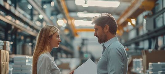 A businessman receiving a paper award and shaking hand with a woman, inside a clean factory. modern open-plan office. Generative AI.