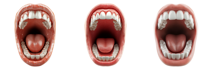 Wide open mouths showing healthy teeth isolated on transparent background
