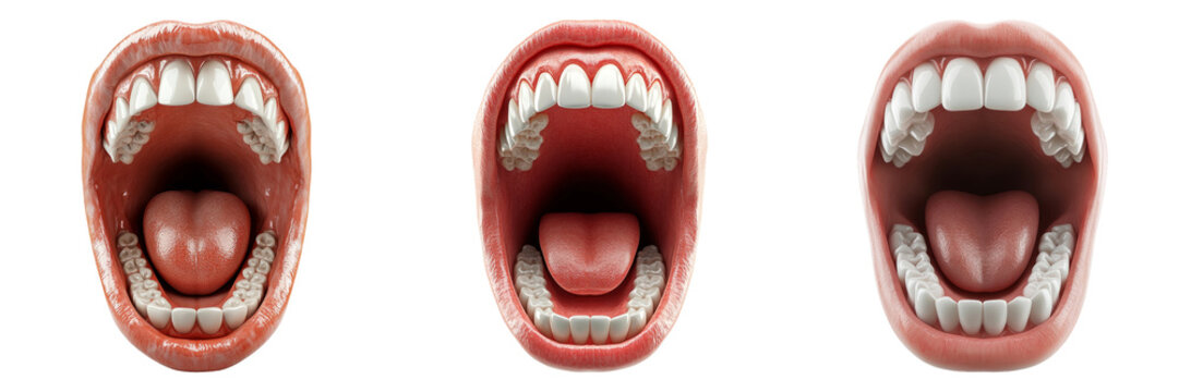 Wide open mouths showing healthy teeth isolated on transparent background