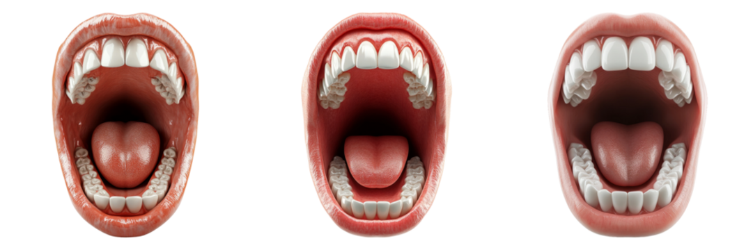 Wide open mouths showing healthy teeth isolated on transparent background - Powered by Adobe