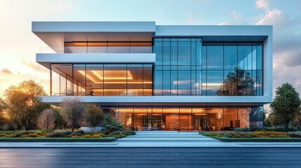 Fototapeta premium Modern Glass Facade Building with Sunset Sky and Lush Landscaping