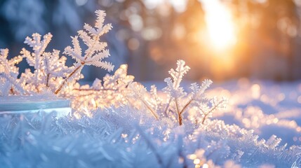 Close-Up of Frost-Covered Leaves Sparkling in Winter Sunlight