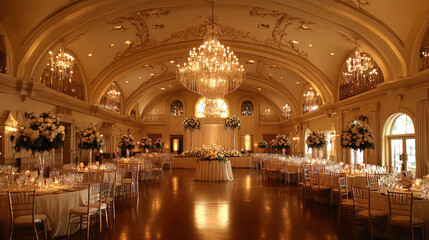 Obraz premium Imagine a beautiful indoor ballroom, all decked out for a fancy wedding reception. --ar 16:9 --v 6.1 Job ID: c8ff8fad-d256-49bd-a196-c9945ee2d9c0