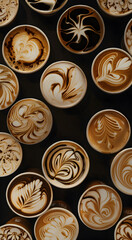 Fototapeta premium Latte art cups with different patterns and shades on a black background, top view.