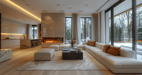 Obraz premium Interior of a living room, with a sofa in beige tones with bright cushions, with a modern fireplace, with large stained glass windows from floor to ceiling, luxurious interior furnishings.