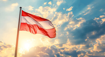 The flag of Austria flutters in the wind on a flagpole against a sky with clouds on a sunny day.