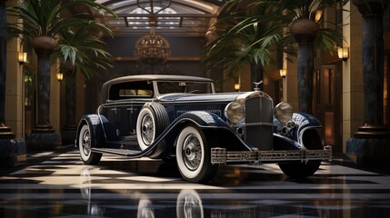 A art deco vintage 1930s luxury car displayed in an elegant lobby with marble floors and palm trees. The car features a classic design with chrome accents and whitewall tires.