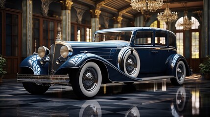 Obraz premium A art deco vintage blue luxury car parked in an opulent interior with chandeliers and elegant decor. The car features classic design elements, including whitewall tires and chrome accents.