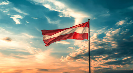The flag of Austria flutters in the wind on a flagpole against a sky with clouds on a sunny day.