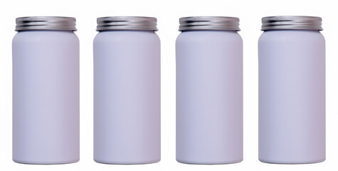 White aluminum bottles empty with supplements or medicine isolated on white background.
