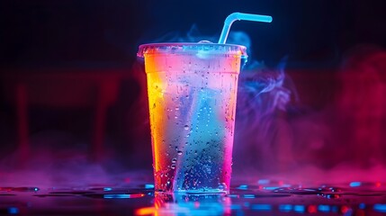 Glowing Neon Soda Cup with Dripping Condensation Against Darkened Background Junk Food Concept