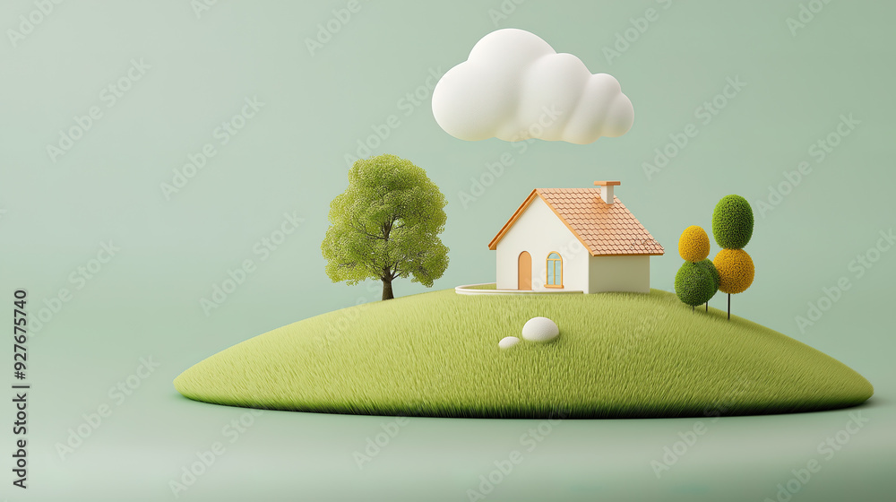 Wall mural miniature scene, a small house and trees on meadow