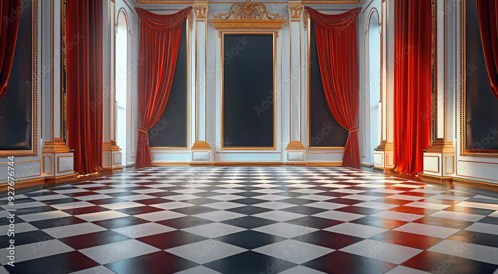 Aufkleber Stand up comedy stage design, empty gold frames floating. Generative AI.