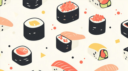 Sushi Pattern Illustration - A Feast of Japanese Delights, Generative AI art, Japanese food art, sushi roll drawing, salmon nigiri art, kawaii sushi design, Asian cuisine pattern, food wallpaper