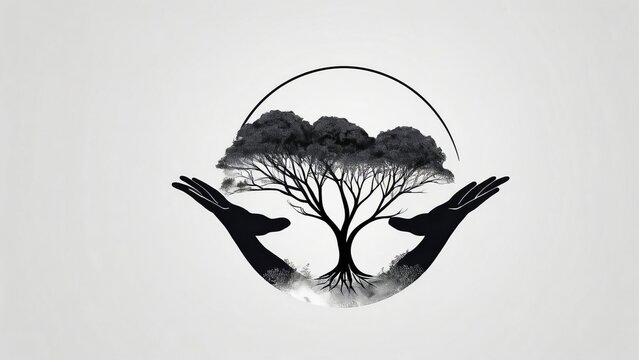 Hands and tree in the form of a circle. Eco concept