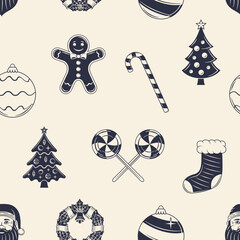 Christmas Background. Sweet Christmas seamless pattern. Xmas sweets icons isolated on white background. Vector illustration 