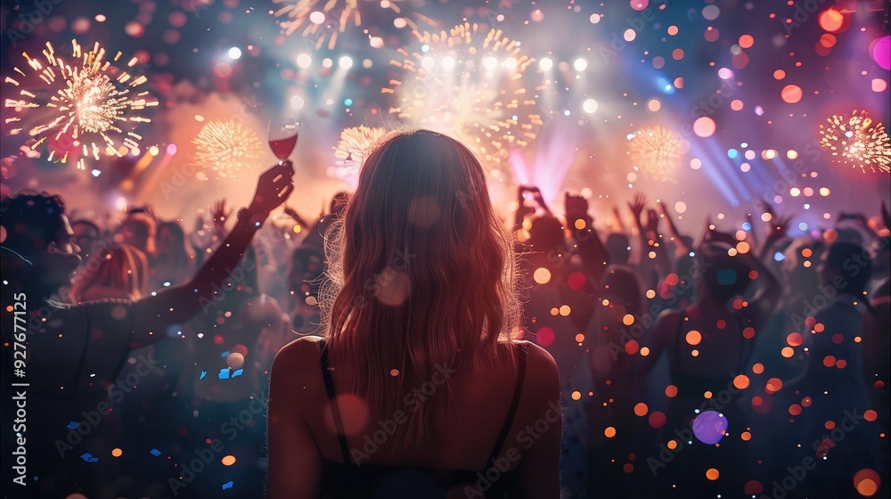 Poster a party with lights on the sides with confetti falling. the people are dancing and drinking wine, an