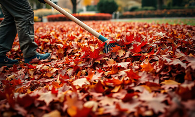 A worker raking a pile of fallen leaves in a crisp autumn landscape