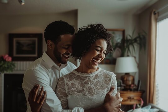 A loving couple stands embraced before a bookcase, representing their unity and the joy of shared literary interests, A married couple laughing together as they dance in their living room